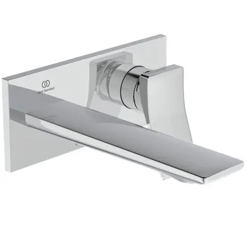 Wand-Waschtischarmatur mit eckiger Rosette und einem langen Auslauf. Oberfläche in Chrom. Hersteller: Ideal Standard.